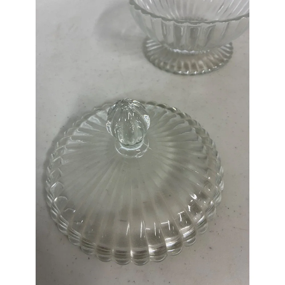 Vintage Clear Ribbed Pressed Glass Footed Candy Dish with Lid Scalloped Pedestal